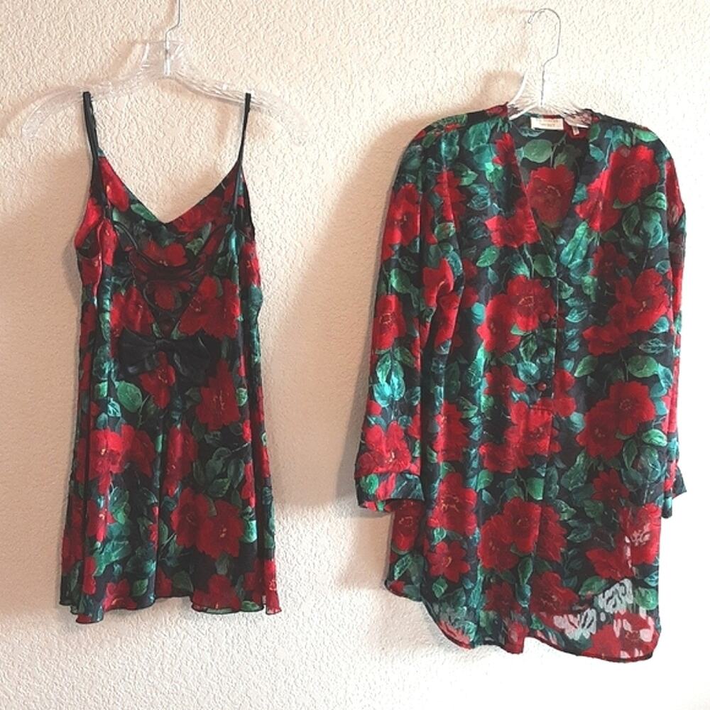 Victoria's Secret VINTAGE Gold Tag Matching Floral Bow Negligé L + SleepShirt M